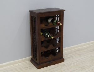 szafka stojak na wino lite drewno palisander indyjski metaloplastyka ciemny brąz na 8 butelek