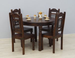 komplet obiadowy okrągły stół krzesła kolonialny indyjski lite drewno palisander okucia metaloplastyka