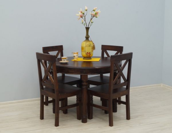 Komplet obiadowy w klasycznym stylu kolonialny okrągły stół + 4 krzesła lite drewno palisander indyjski w klasycznym stylu