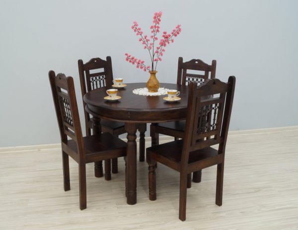 komplet obiadowy stół krzesła lite drewno palisander indyjski okucia metaloplastyka okrągły