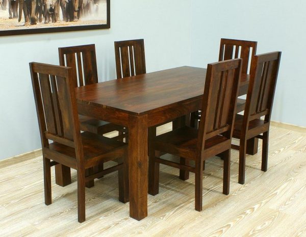 Komplet obiadowy kolonialny stół + 6 krzeseł lite zestaw ręcznie wykonany z litego drewna palisandru indyjskiego w ciemnym brązie