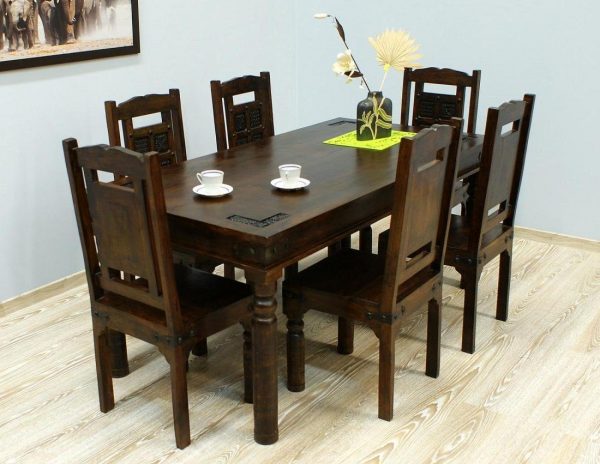Komplet obiadowy kolonialny stół + 6 krzeseł ręcznie rzeźbiony z litego drewna akacji indyjskiej masywny