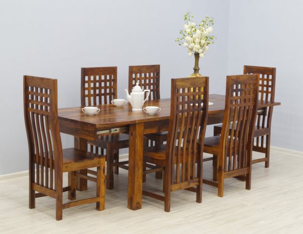 Komplet obiadowy kolonialny stół rozkładany + 6 krzeseł lite drewno palisander indyjski styl modernistyczny w miodowym brązie