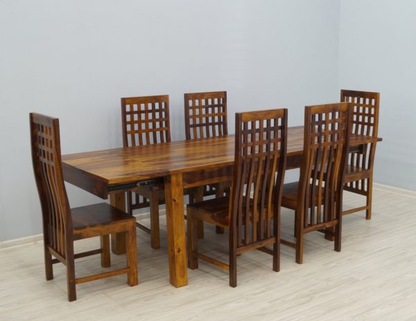 Komplet obiadowy kolonialny stół rozkładany + 6 krzeseł lite drewno palisander indyjski styl nowoczesny miodowy brąz