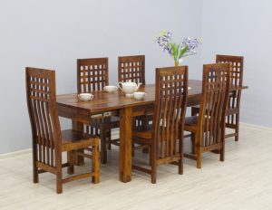 Komplet obiadowy kolonialny stół rozkładany + 6 krzeseł ręcznie wykonany z litego drewna palisandru indyjskiego nowoczesny