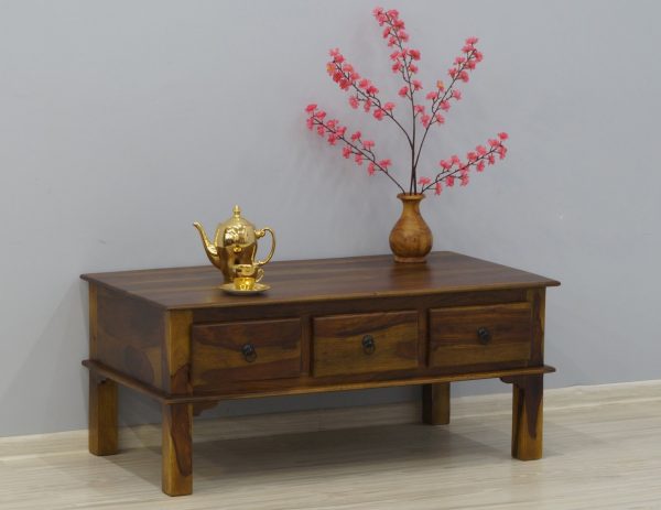 Stolik kawowy egzotyczny ława z szufladami ręcznie wykonana z litego drewna palisandru indyjskiego jasny brąz