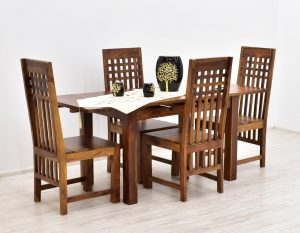 Komplet obiadowy kolonialny stół rozkładany + 4 krzesła lite drewno palisander indyjski styl modernistyczny w jasnym odcieniu brązu