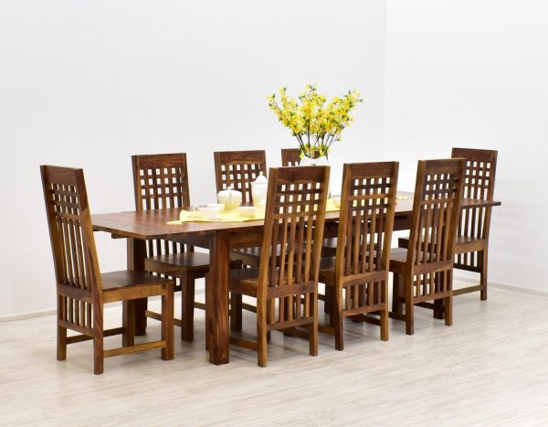 Komplet obiadowy kolonialny stół rozkładany + 8 krzeseł lite drewno palisander indyjski masywny w jasnym odcieniu brązu