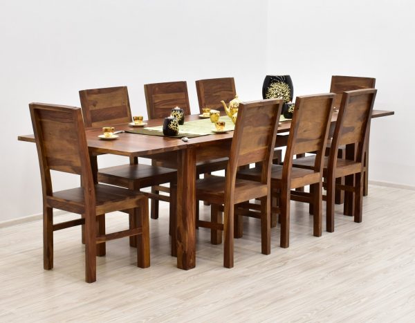 Komplet obiadowy kolonialny stół rozkładany + 8 krzeseł lite drewno palisander indyjski ręcznie wykonany w jasnym odcieniu brązu
