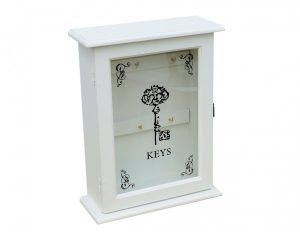 Szafka na klucze skrzynka wisząca kluczynka biała przeszklone drzwiczki z malowanym dekorem