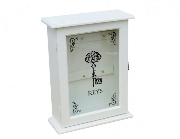 Szafka na klucze skrzynka wisząca kluczynka biała przeszklone drzwiczki z malowanym dekorem