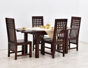 Komplet obiadowy kolonialny stół rozkładany + 4 krzesła z litego drewna palisandru ciemny brąz całość ręcznie wykonana w Indiach