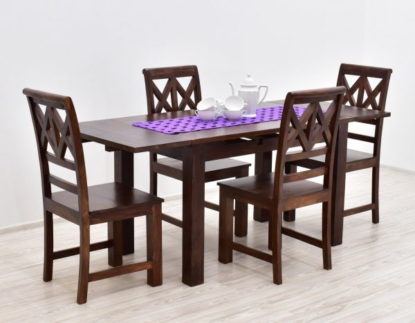 Komplet obiadowy kolonialny stół rozkładany + 4 krzesła z litego drewna palisandru indyjskiego w ciemnym odcieniu brązu