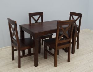 Komplet obiadowy kolonialny stół + 4 krzesła z litego drewna palisandru indyjskiego w ciemnym odcieniu brązu