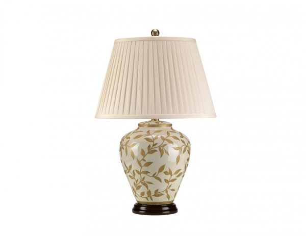 Lampa stołowa chińska porcelana liście plisowany abażur