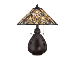 Lampa stołowa witrażowa Tiffany dwa źródła światła podstawa ciemny brąz styl orientalny