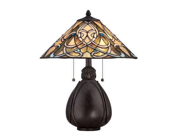 Lampa stołowa witrażowa Tiffany dwa źródła światła podstawa ciemny brąz styl orientalny