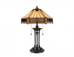 Lampa stołowa witrażowa Tiffany dwa źródła światła podstawa ciemny brąz styl kolonialny