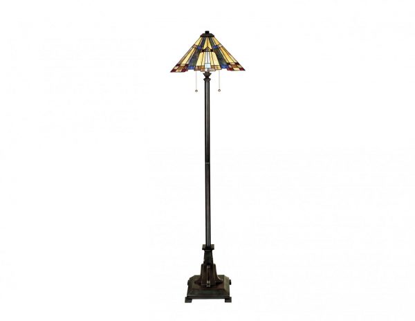 Lampa podłogowa witrażowa Tiffany dwa źródła światła podstawa ciemny brąz styl orientalny