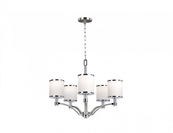 Lampa sufitowa wisząca żyrandol pięcioramienny srebrny kolor mleczne szkło nowoczesna elegancka