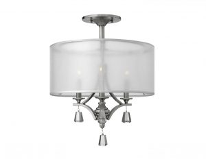 Plafon lampa sufitowa trzy źródła światła kolor nikiel mleczny abażur kryształki elegancki