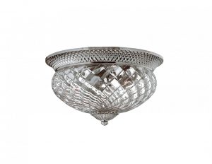 Lampa sufitowa plafon duży srebrny trzy źródła światła szklany klosz styl antyczny