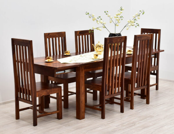Komplet obiadowy kolonialny stół rozkładany + 6 krzeseł ręcznie wykonany z litego drewna palisandru indyjskiego